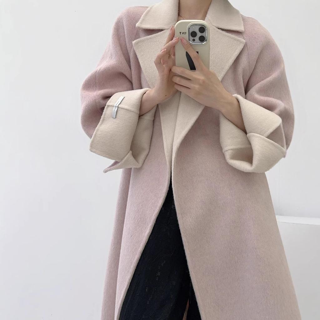 Pink Large Lapel Collar Double-sided Wool Coat Autumn and Winter Women's Medium and Long Woolen Coat Simple and Loose Temperament