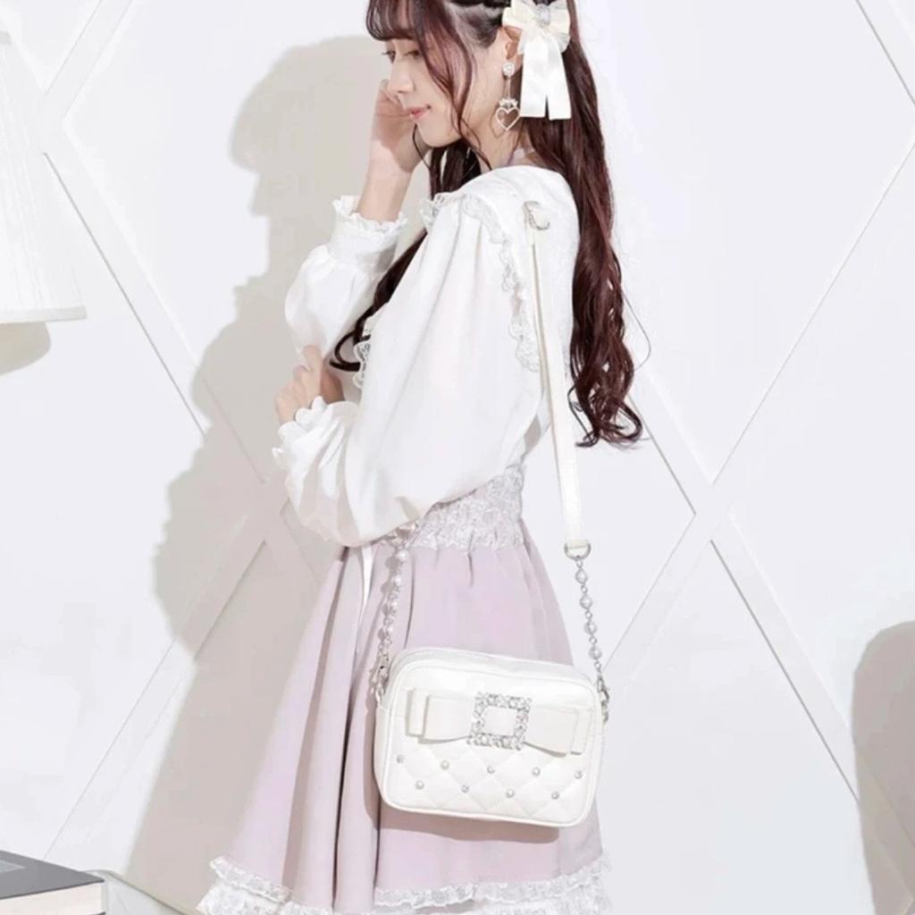 Diamond Bow Pink Square Bag For Women Mine Series Beading Pearl Y2k Messenger Bag Hot Girls Sweet Kawaii Shoulder Crossbody Bag