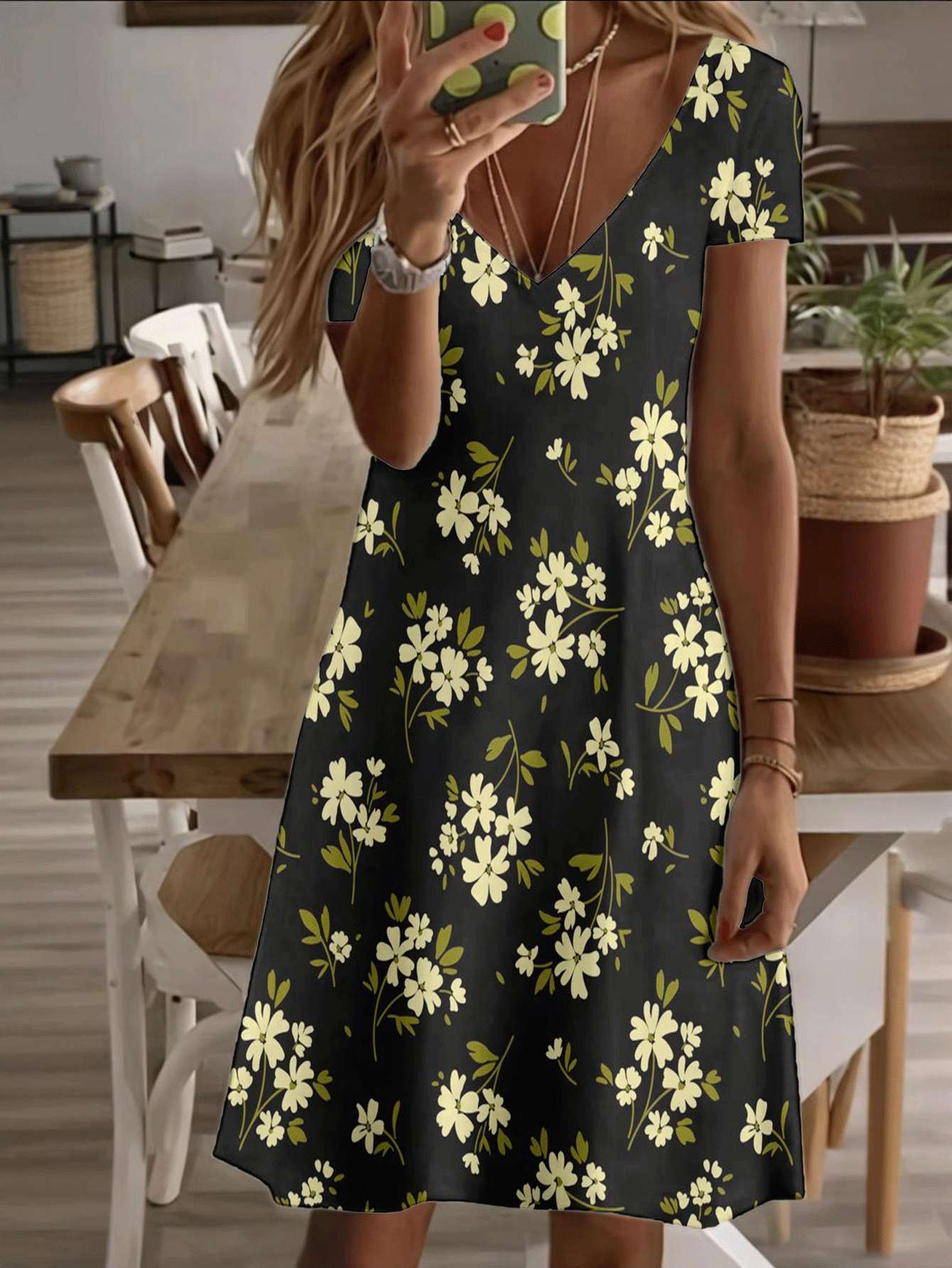 

Vneck shortsleeve midi dress floral women print pattern 3D premium printing durable casual fashion summer style elegant blooming flower design soft br L дубильная кора