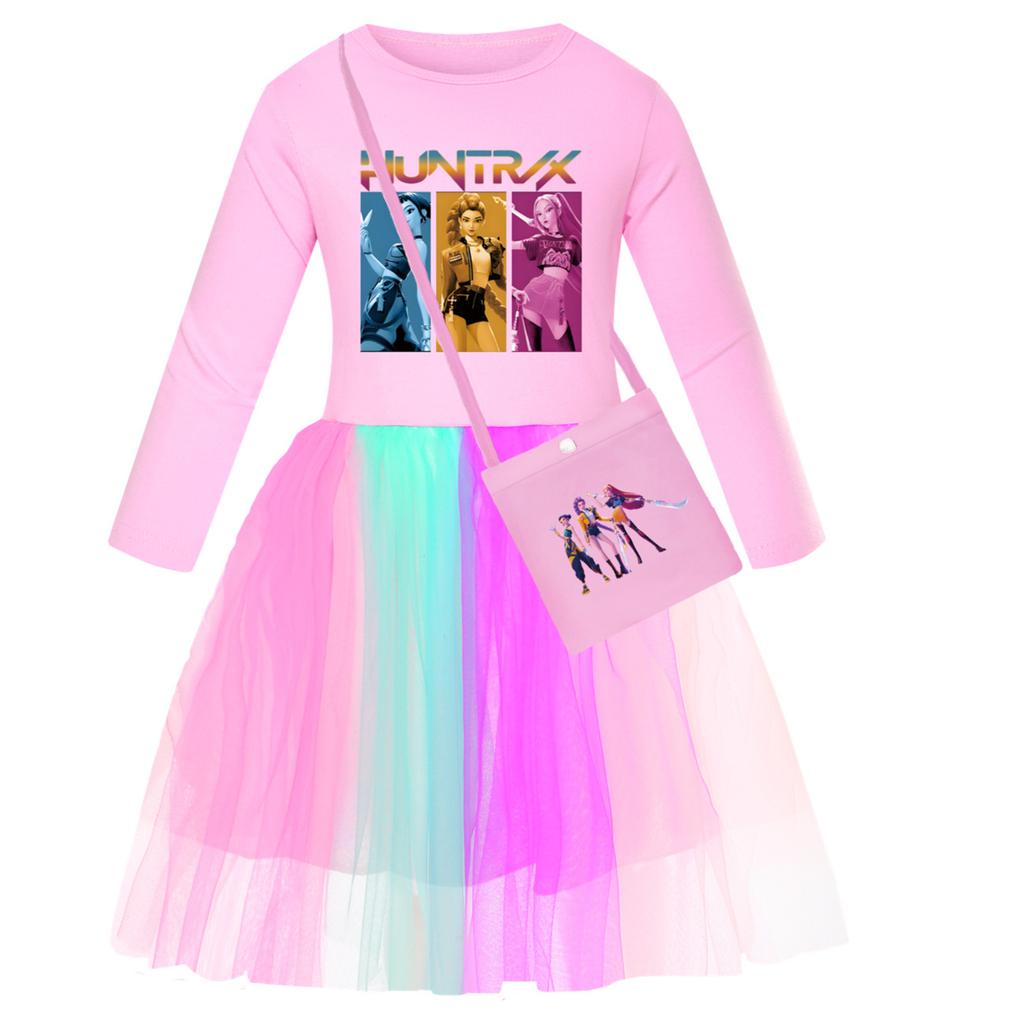 Girls' Star-Print Skirt Round-Neck Long-Sleeve Colorful Lace Patchwork Dress