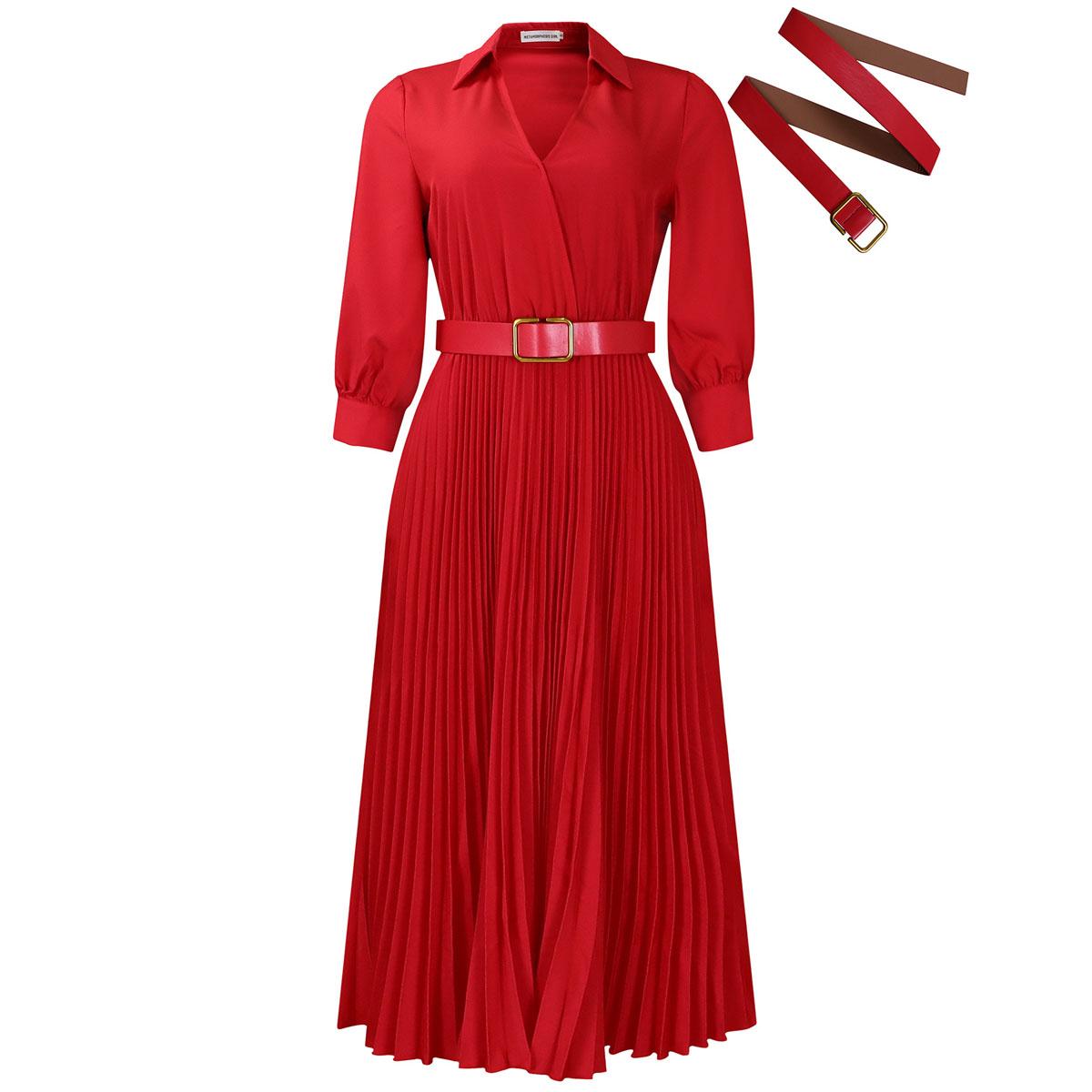 

Qooth Trendy Women Elegant Solid Color Long Sleeve V-образный вырез Плиссированное платье Elegant Plus Size Casual Dresses Dresses With Belt QT2359 XXXL красный