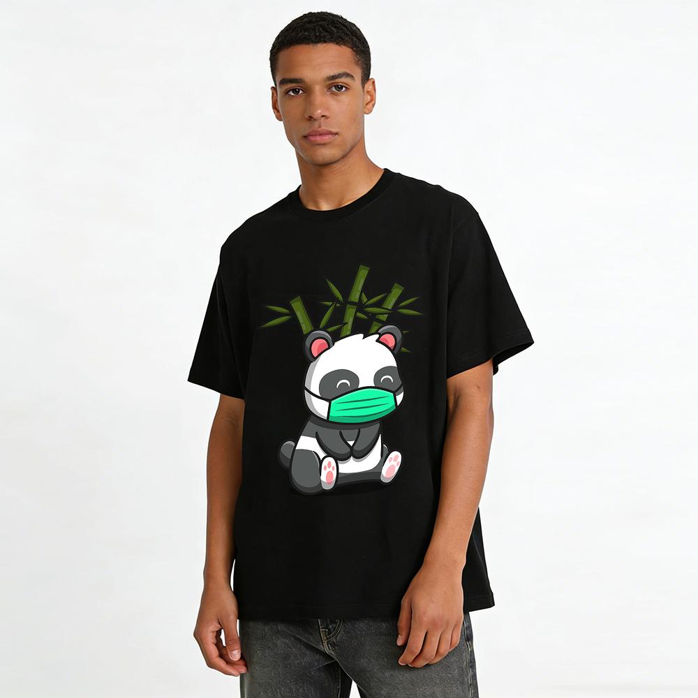 Cute Masked Panda Print Casual Top Unisex Pure Cotton T-shirt