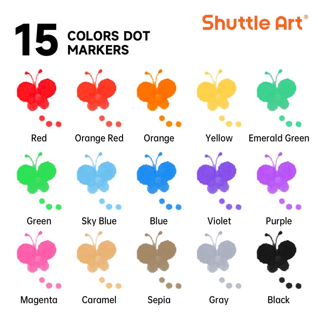 Shuttle Art Dot Marker Color Pen Set of 15 Colors 12ml for Kids Washable Coloring Doodle Easy To Grip Toy Gift Water-based