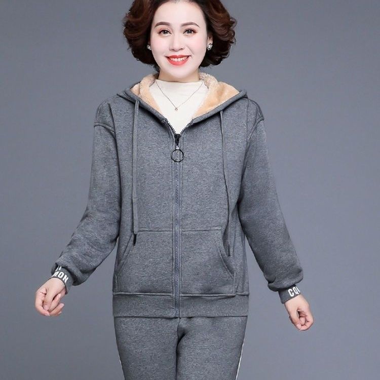 Elderly Women's Spring Autumn Winter Plus Size Warm Plush Sweatshirt Jacket + Thickened Trousers 2 Piece Set