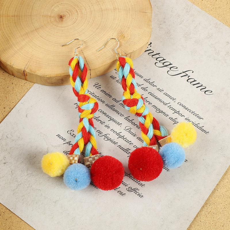 Pompom Earrings Women's Long Personalized Colored Hairball Stud Earrings Vintage Bohemian Vacation Fringed Earrings