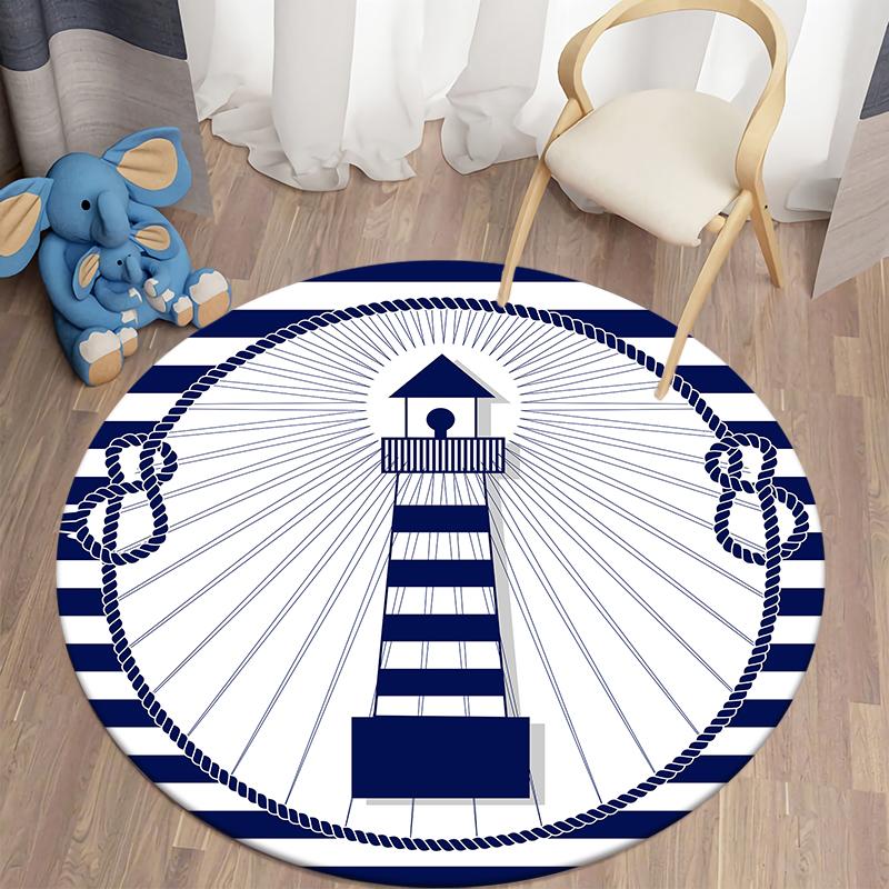 Sailing Blue Line Pattern Circular Carpet Home Living Room Bedroom Children's Room Floor Decoration Flange Carpet
