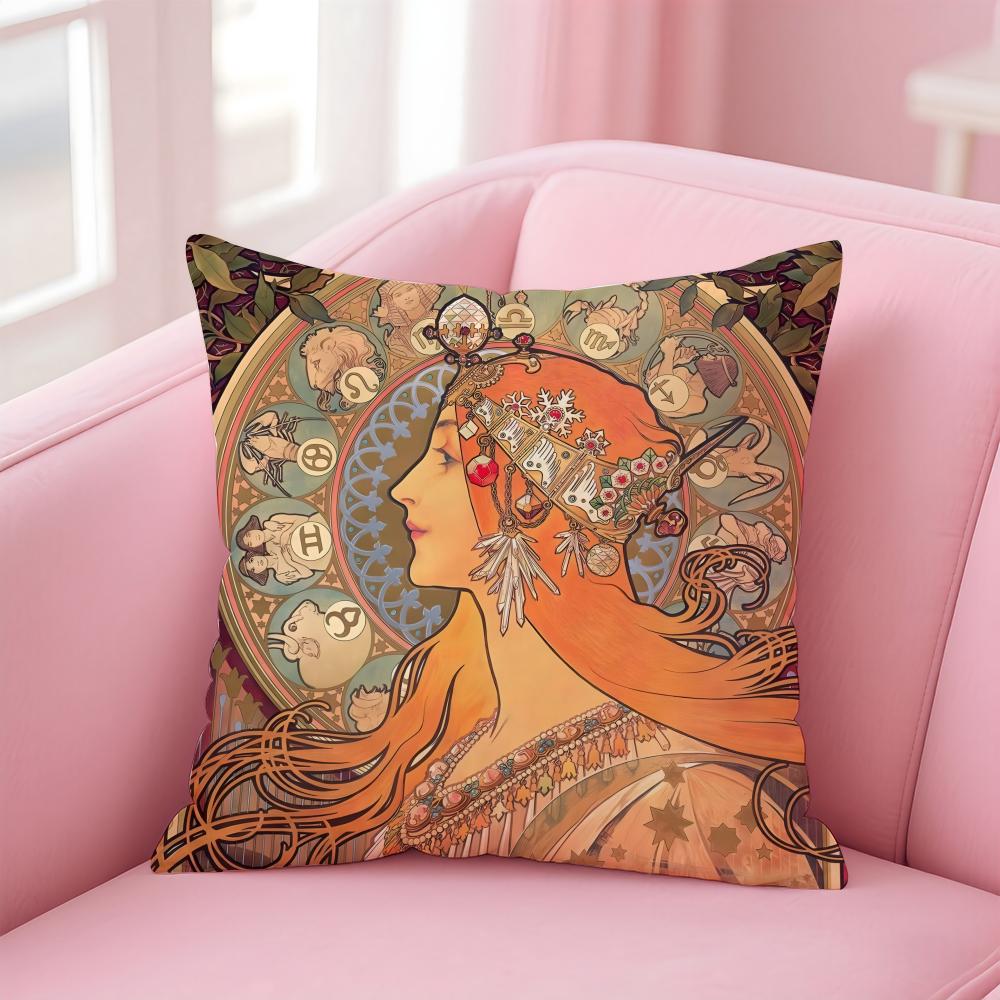 artistic AAlphonse Maria Mucha Cushion Cover Pillow Case Soft Skin Friendly Fabric Comfort Concealed Zipper