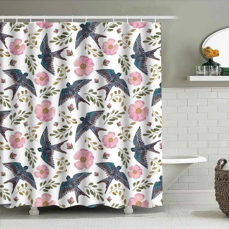 

Home Decor Shower Curtain Set Pink Flowers Blue Birds Print Fabric Waterproof Bath Rug Tassel Rod Pocket Ring Home Decoration 3D 90x180cm