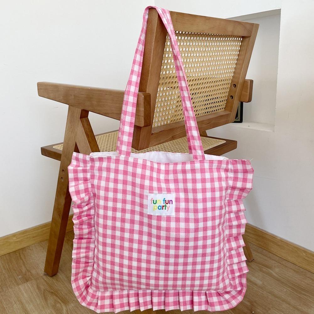Large Capacity Plaid Cotton Handbag Sweet Tote Bag Ins Lace Pillow Bag Outdoor