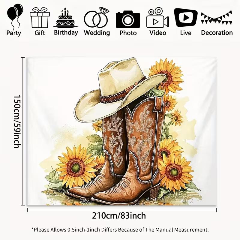 2D Vintage Western Cowboy Hat & Boots Backdrop Sunflower Themed Party Photography Background