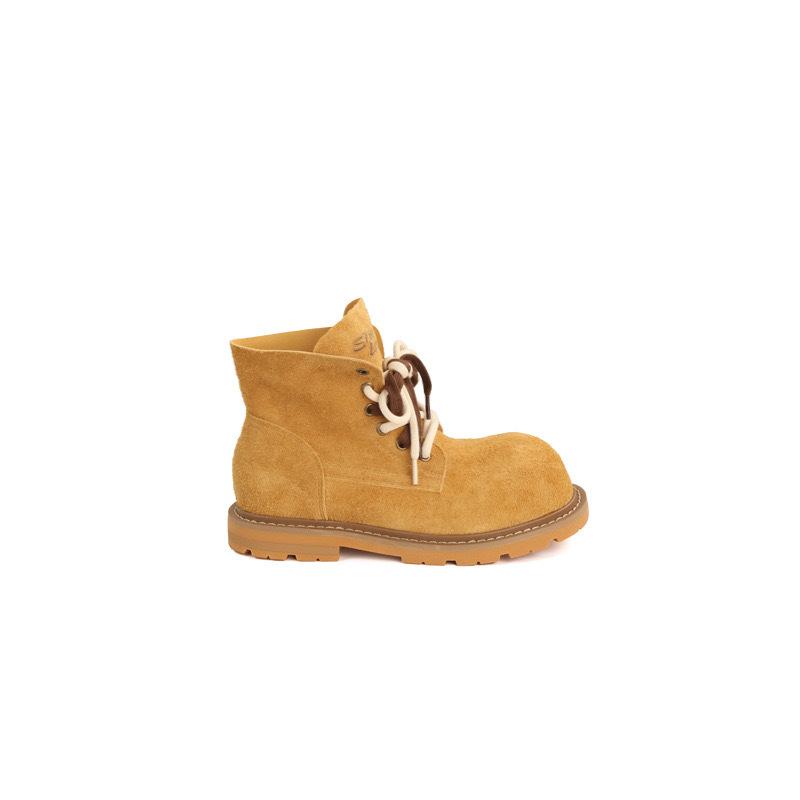 Leather Version~ Grape Mom Same Height Increase 4cm Short Boots Women's Round Head Big Yellow Boots Contrasting Color Double Shoelaces Sho