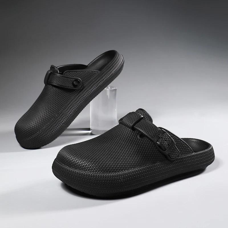 2025 New Summer Black Slippers Men's Bathroom Flip Flops Household Anti Slip Flat Shoes Outdoor Couple Flat Shoes Waterproof