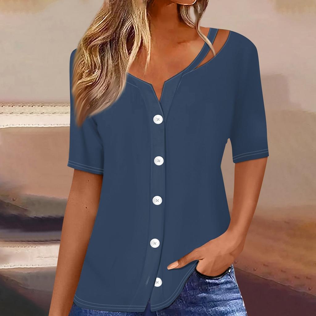 Damen T-Shirt mit Aufdruck, kurzärmelig, V-Ausschnitt, Knopfleiste, Strickjacke, T-Shirt, Top