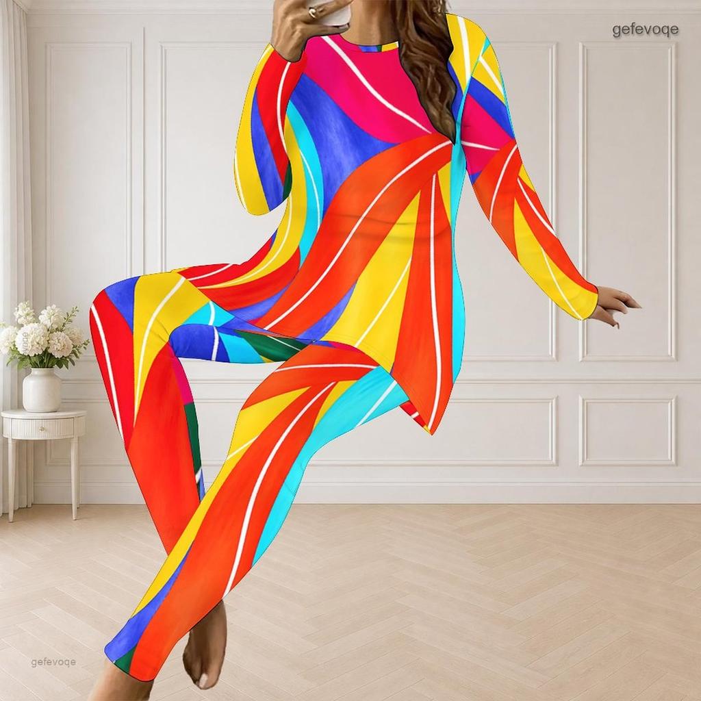 Women Plus Size Blue White Printed Two Piece Set Round Neck Long Sleeve Longline Top Fitted Pants
