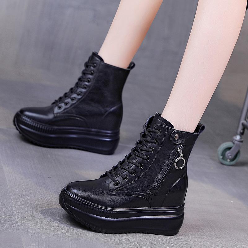 2025 Autumn Early Winter Genuine Leather Shoes Women Ankle Boots Soft Fashion Ladies Height Increasing Shoes 8cm Pure Black