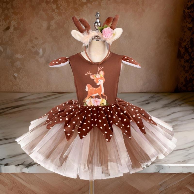 Accessori Costume da Cervo per Bambina con Vestito e Cerchietto Outfit da Renna di Natale per Bambino Halloween Natale Cosplay