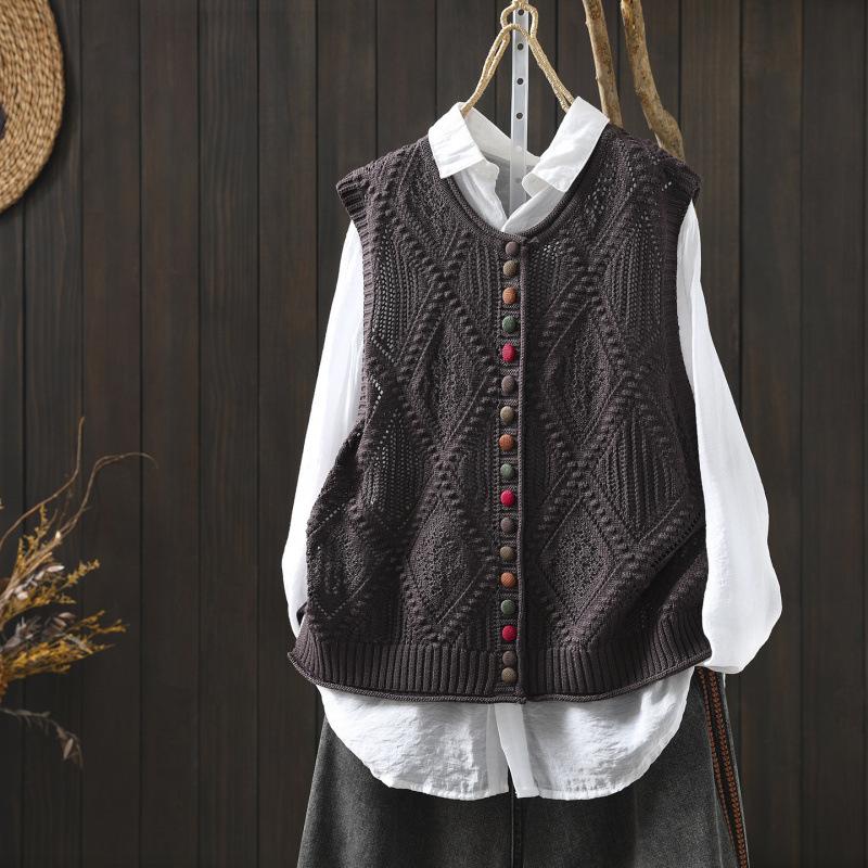 

Johnature Women Vintage Sweaters Spring Chinese Style Knitted Button Casual Sleeveless Sweaters One Size темно-сірий