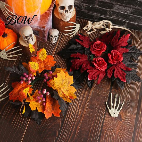 Reusable Plastic Props Halloween Floral Candle Ring, Artificial Maple Rose Wreath for Indoor Outdoor Holiday Decor Holder, Spooky Table Centerpiece