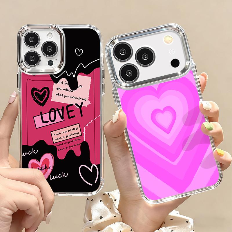Silky Love Hearts Pattern Case For iPhone 17 Pro Max Plating Lens Frame Clear Soft Cover For iPhone 16 15 14 13 Pro Max 11 16E 17E