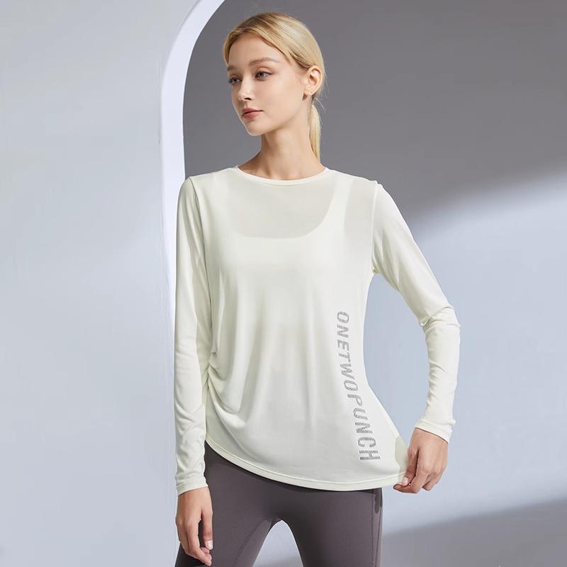 

Женский повседневный спортивный топ с длинным рукавом для йоги - Утягивающий, свободного кроя, идеально подходит для бега и фитнеса осенью S грязно-белый