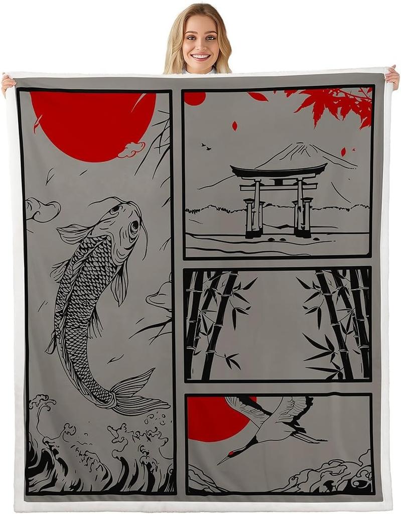 GUOYU Blanket Cat Anime Fleece Throw Blanket Queen Japanese Retro Funny Cat Sherpa Blanket Boys Girls Japanese Style Plush Blanket Japanese