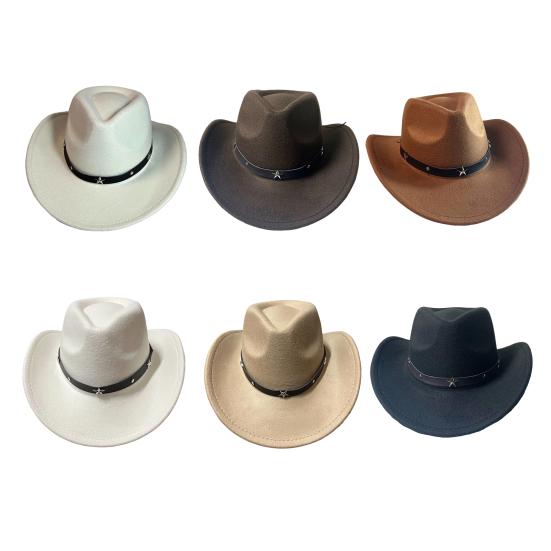 Western Cowboy Hat for Women Men Wide Brim Beach Cowgirls Hat Rolled-Up Felt Fedora Hat with Star Band