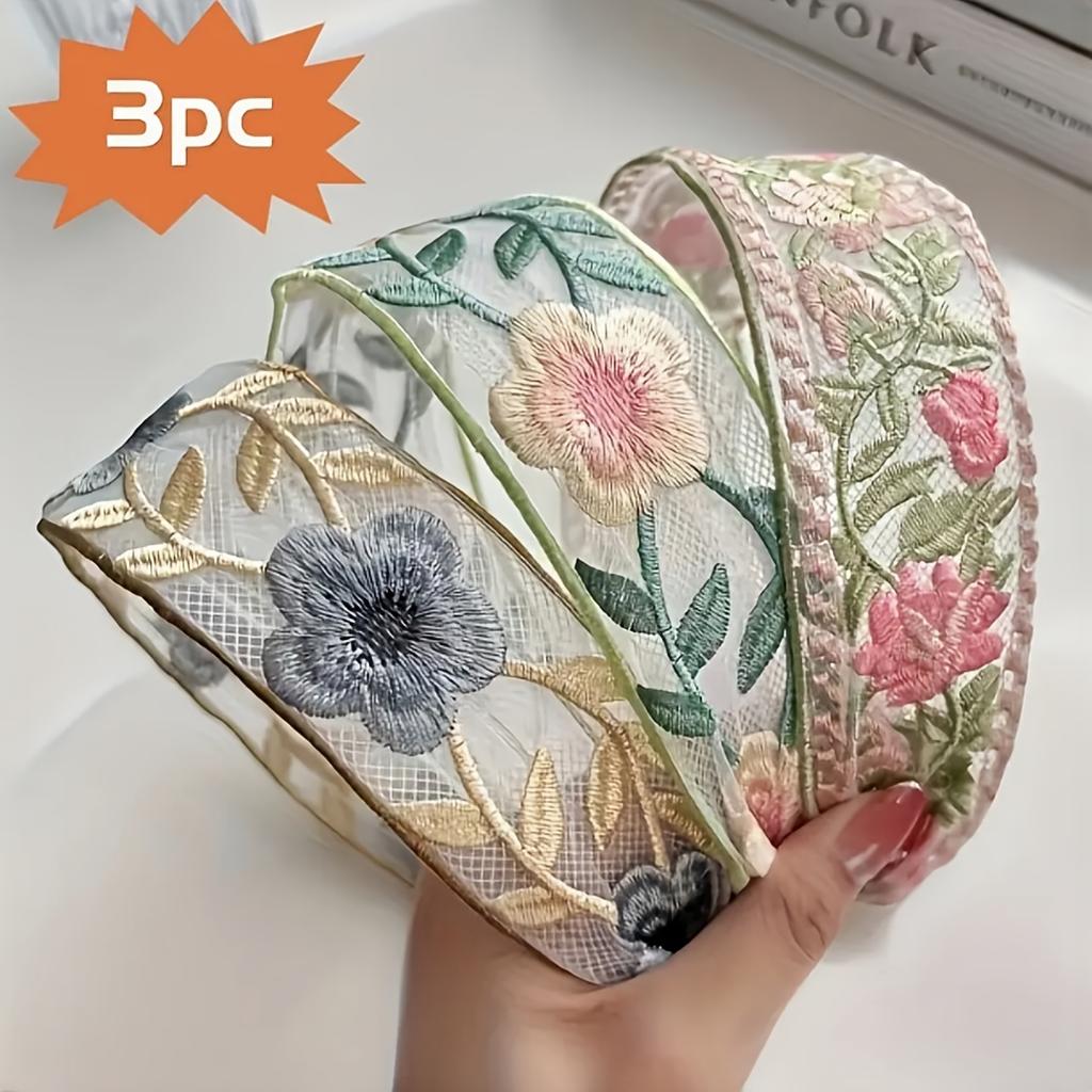 3 stuks Bloemendruk Boheemse Polyester Brede Vlecht Geborduurde Hoofdband Set
