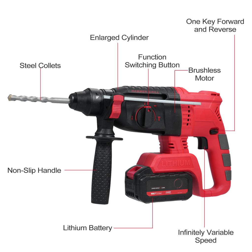 Bürstenloser Bohrhammer Bohrhammer 3 Modi Wahlschalter Variable Geschwindigkeit 360 Grad Verstellbarer Griff
