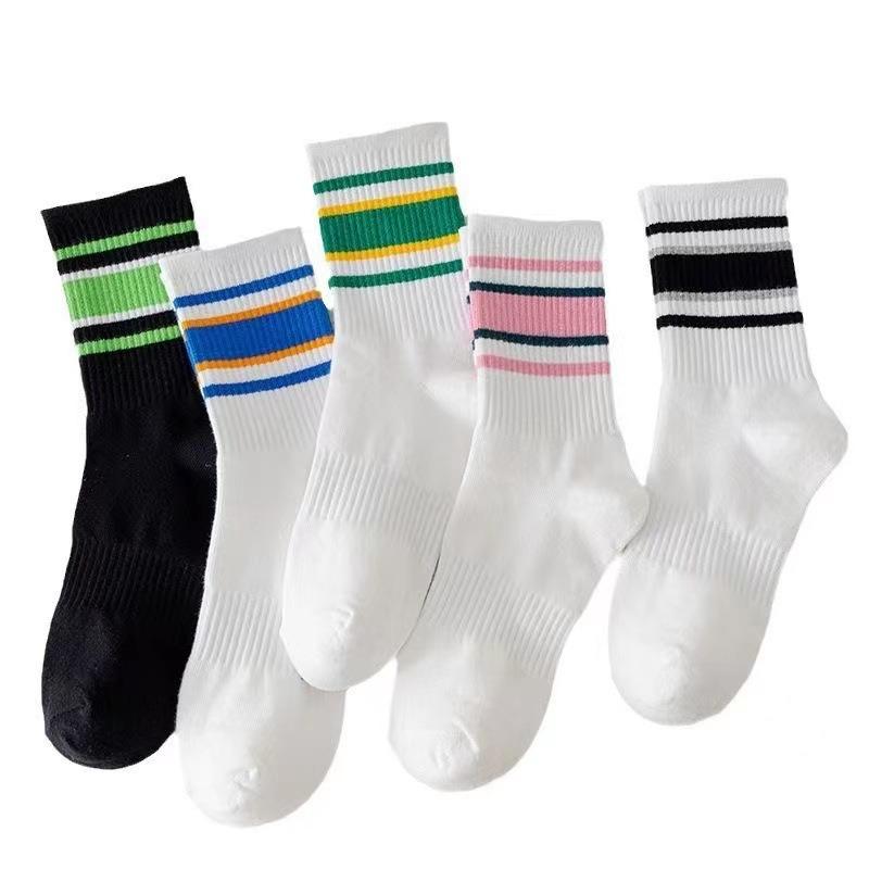 2026 Striped Crew Socks Cotton Korean Style Streetwear Casual Sport for Women Couples Fashion Mid Calf Socks