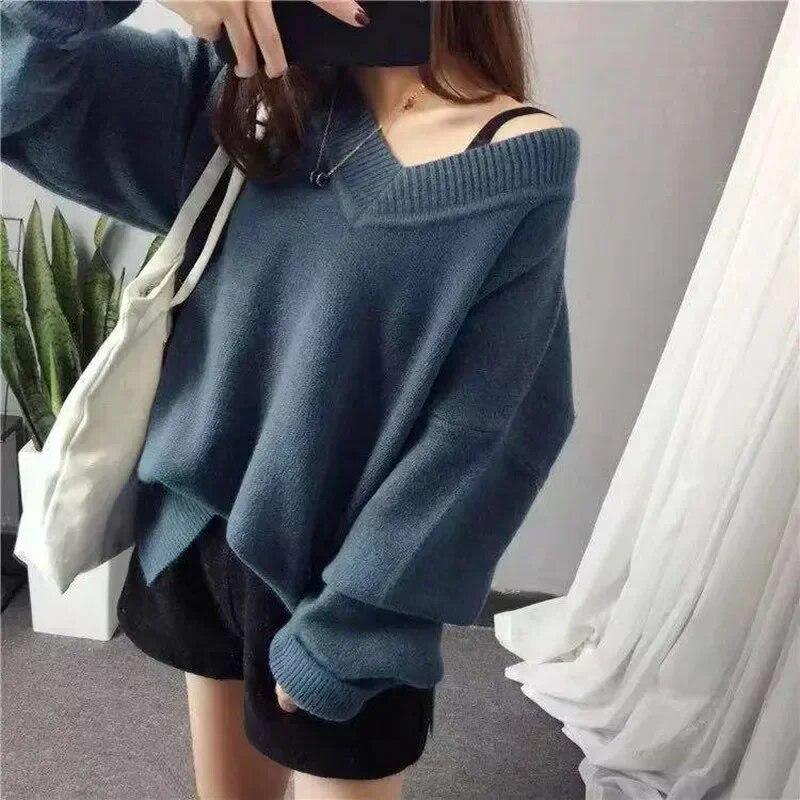 Autumn Vintage Fashion Long Sleeve Knitted Sweater Winter Bottoming Pullover Women Casual V-neck Tops Solid Color Clothes 29898