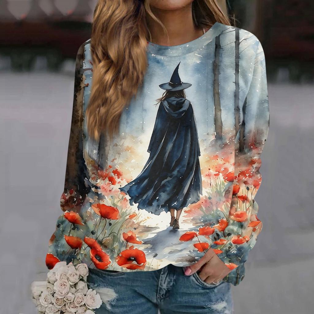 Women's Casual Long Sleeve Printed Raglan Sleeve Pullover Top for Halloween