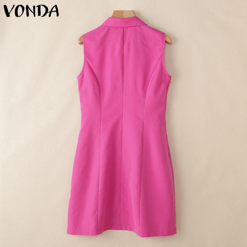 VONDA Women Summer Sleeveless Lapel Neck Buttons Slim Waist Casual Thin Mini Dress