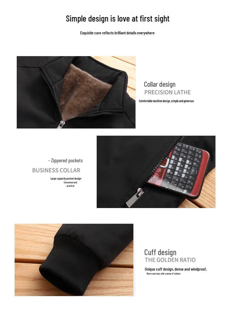 Men's Plus-Size Thick Fleece-Lined Stand Collar Jacket - Casual Fashion for Middle Age