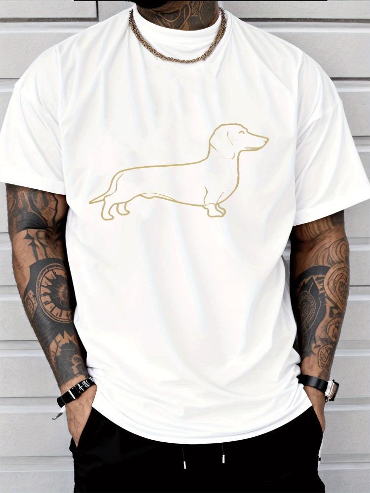 Men Crew Neck Line Art Dachshund Graphic Short Sleeve Cotton Tee Casual Summer Streetwear Loose