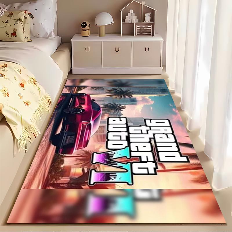 GTA VI Cityscape with Red Sports Car Non-slip Rug Suitable for Living Room and Bedroom Sofas.