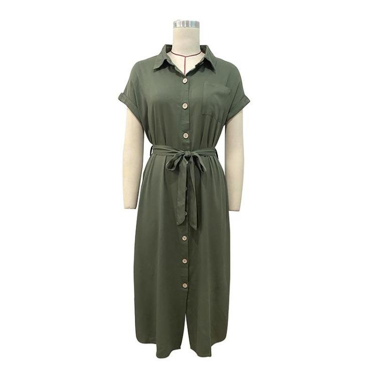 Women's Summer Lace Up Dress Solid Color Turn Down Collar Single Breasted Split Design