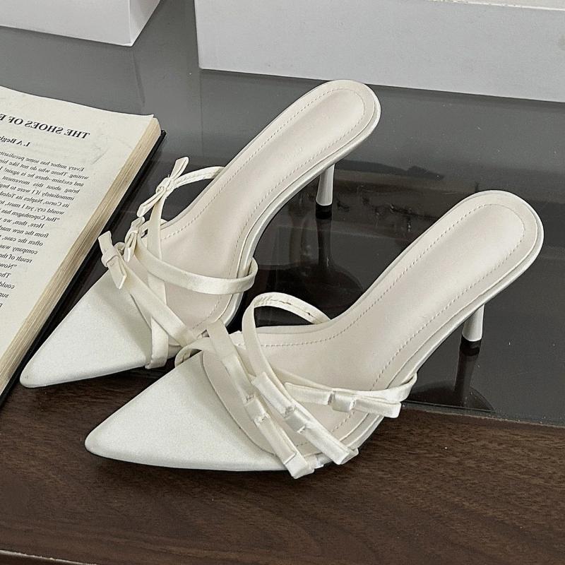 Fashion Elegant Bow Cross Tied Slippers Women Fashion Pointed Toe Thin Heel Slide Sandals Luxury Brand Designer Dress Shoe Zapatos Mujer