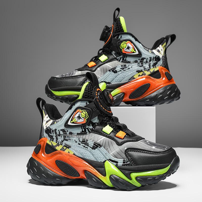 Spot thick-soled leather surface children's basketball shoes non-slip rotating buckle comfortable sports shoes cool color scheme running shoes
