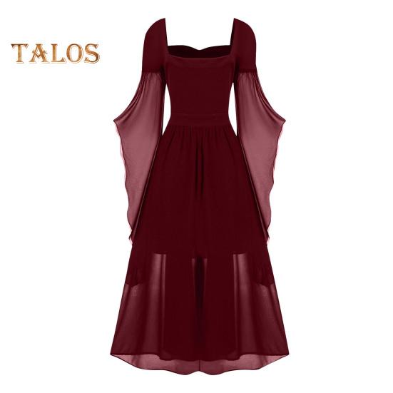 Vinatge Damenkleid, unregelmäßige Hornärmel, einfarbig, A-Linie, großer Saum, schmale Taille, plissierter Schnürriemen, mittelalterliche Halloween-Party, Cosplay-Kostümparty