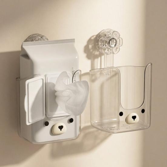 Storage Box with Vacuum Suction Cup Wet Tissue Holder Hygienic Wipe Holder Cute Bear Shape Kitchen Bathroom Organizer