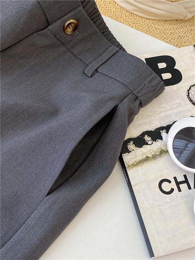 Women's 2024 Autumn Khaki Wide-Leg Suit Pants - Navy Blue, Loose, Straight, Nine-Point Length