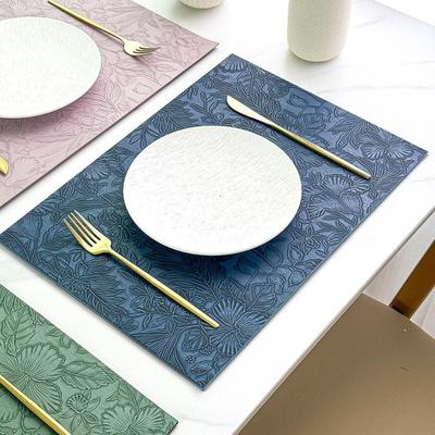 Nordic PVC Leather Placemat Waterproof Non-Slip Heat-Resistant Rectangle Table Mat with Carved Design Cup Coaster for Dining