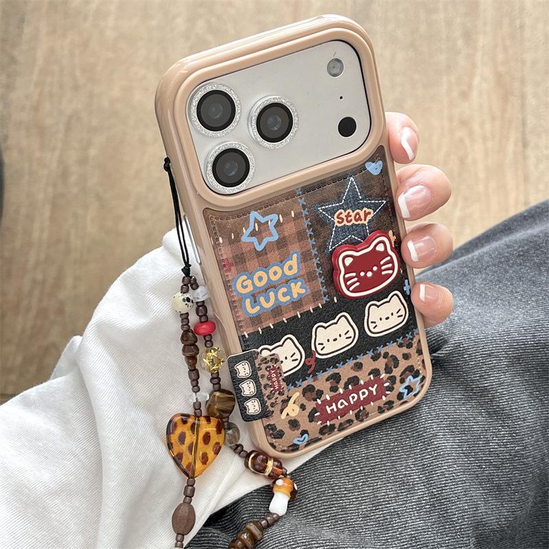 Braune Karo-Stern-Kätzchen-Handyhülle im japanischen & koreanischen Stil - Passend für iPhone17, 16ProMax/15/14