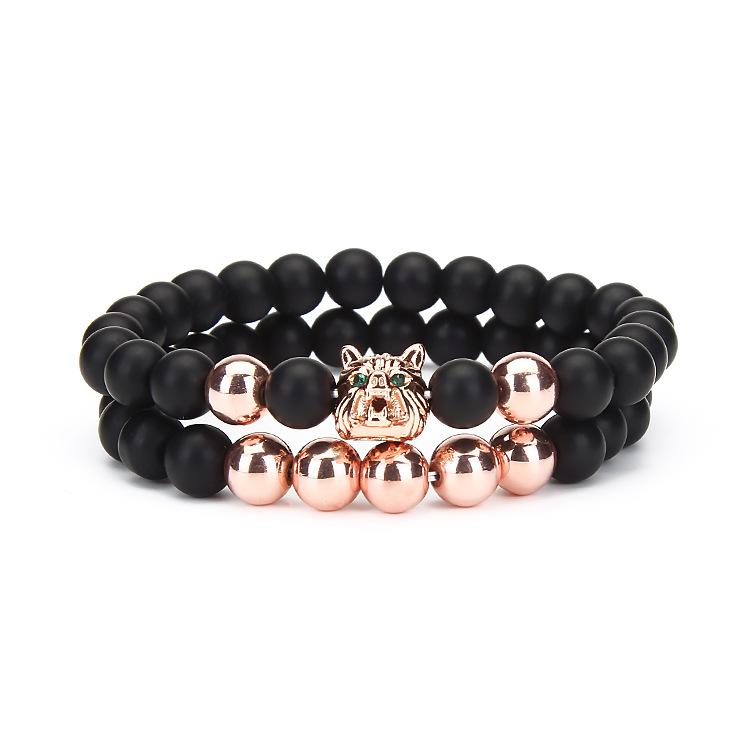 Micro Pave Wolf Head Zircon Bracelet Set, Frosted Matte Stone Beaded Bracelets