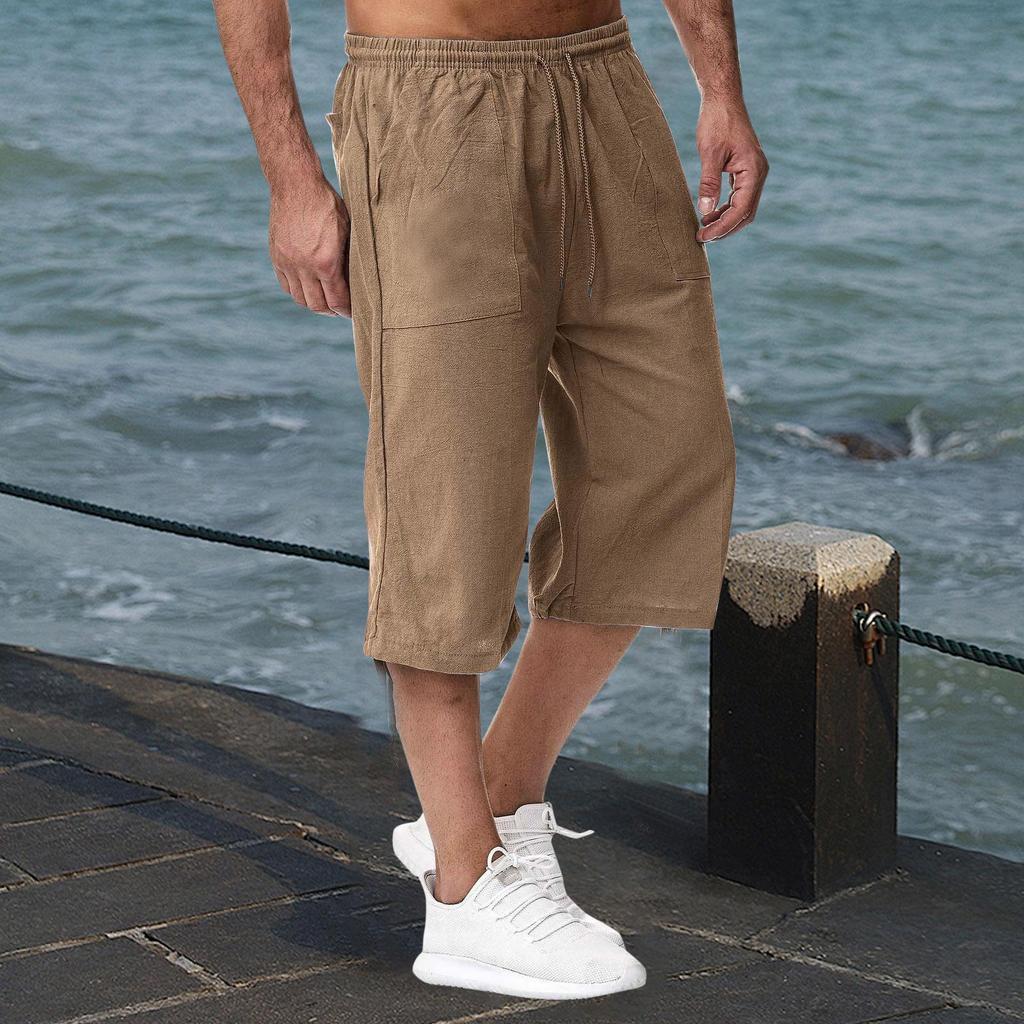 Men's Casual Cotton and Linen Sports Pants Summer Cotton and Linen Cropped Casual Pants