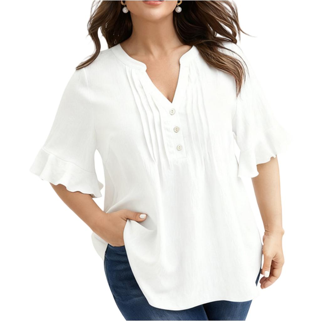 Women's Plus Size V,neck Ruffle Pleated Button Loose Short Sleeve Top