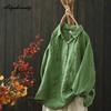 2026 Plus Size Spring Autumn Women Casual Loose Blouse Turn-Down Collar White Green Embroidery Baggy Shirt Long Sleeve Cotton Blouse