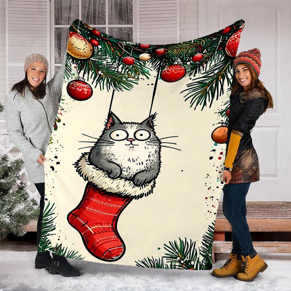 1pc Christmas Stocking Cat Outdoor Soft Polyester Flannel Throw Blanket Versatile for All Seasons , Soft , Cozy , Warm All Season Quilted Throw ,