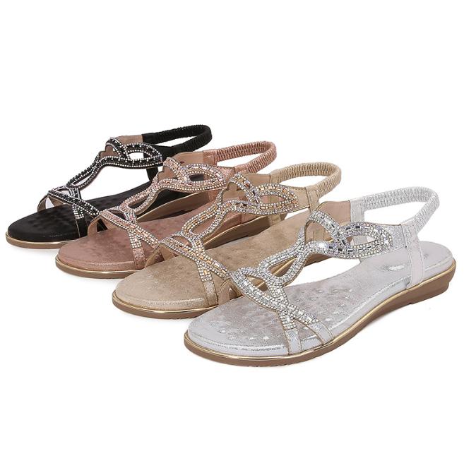 Women Sandals Flat Fashion Rhinestone Summer Sandals Shoes Solid Color Casual Summer Shoes Open-toed Wedge Shoes Woman