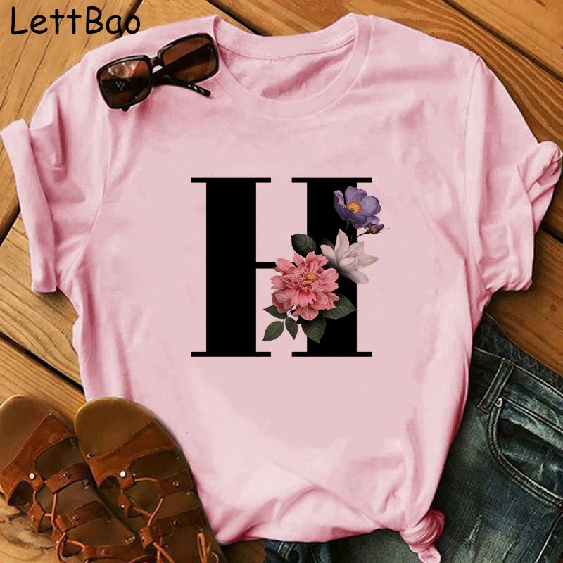 Elegant Vouge Flower Letter Print Women T Sihrt Fashion Comfortable Casaul T Shirt For Women Female